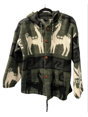 VTG Gensis Alpaca Wool Hooded Sweater Jacket Llama Aztec Green Small Stretch